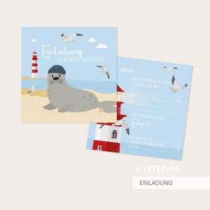 EINLADUNG Seehund - Kindergeburtstag - quadratisch 13,5 x 13,5 cm - 10er Set