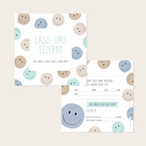 EINLADUNG Smileys (blau beige) - Kindergeburtstag - quadratisch 13,5 x 13,5 cm - 10er Set