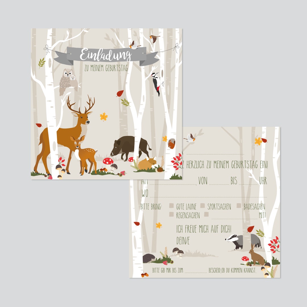 Essi's Stoff Boutique 10er-Set Waldtiere Einladungskarten - Vollständig Mit Umschlägen