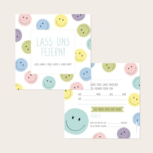 EINLADUNG Smileys (bunt) - Kindergeburtstag - quadratisch 13,5 x 13,5 cm - 10er Set
