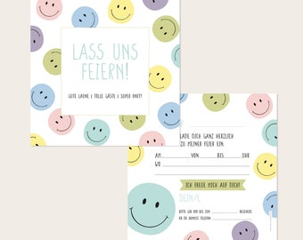 EINLADUNG Smileys (bunt) - Kindergeburtstag - quadratisch 13,5 x 13,5 cm - 10er Set