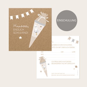 SCHULE EINLADUNG Weltall (Kraftpapieroptik) - Einschulung - 5er Set - 13,5 x 13,5 cm