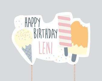 DIY CAKETOPPER Eis (rosa) - Kindergeburtstag - personalisiert - zum selber ausschneiden - Papiertopper mit Holzstab