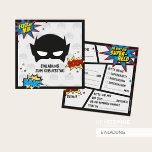 EINLADUNG Superheld / Superheldin - Kindergeburtstag - quadratisch 13,5 x 13,5 cm - 10er Set