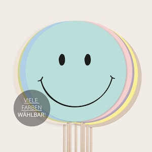 CAKETOPPER Smiley - verschiedene Farben - Kindergeburtstag - rund 14,8 x 14,8 cm - Farbe wählbar - Papiertopper mit Holzstab
