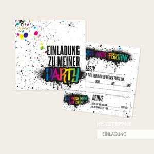 EINLADUNG Graffiti - Kindergeburtstag - quadratisch 13,5 x 13,5 cm - 10er Set