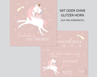 EINLADUNG Einhorn - Kindergeburtstag - quadratisch 13,5 x 13,5 cm - 10er Set