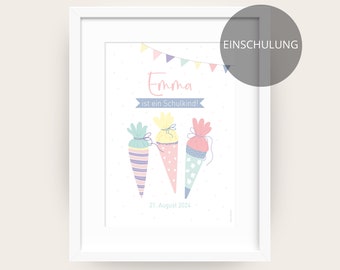 SCHULE POSTER 1. Schultag Schultüte (rosa) - Einschulung Kinderposter - DinA5, DinA4 oder DinA3 - personalisierbar - ohne Rahmen