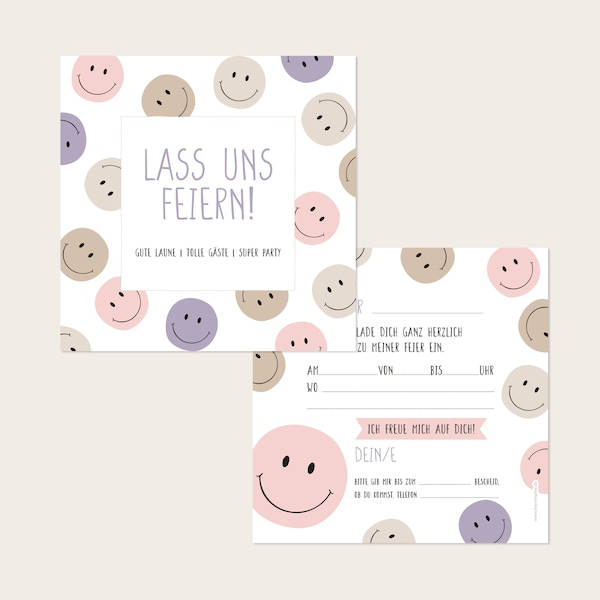 EINLADUNG Smileys (rosa beige) - Kindergeburtstag - quadratisch 13,5 x 13,5 cm - 10er Set