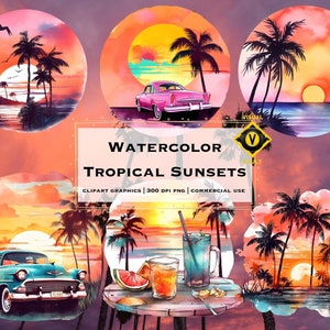 Watercolor Tropical Sunsets Clipart, Digital Graphics, Beach Landscape, Beach Sunset, Vice City Vibes, Instant Download, Commercial use