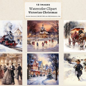 Victoriaanse kerst aquarel clipart, Victoriaanse aquarel clipart, digitale papier bundel, 13 PNG vakantie dagboekpagina's, ambachtelijke scrapbooking