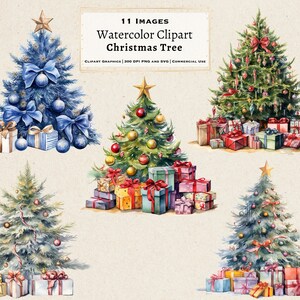 Christmas Tree Clipart Bundle 11 Images, Watercolor Pine Tree Clipart for Christmas Postcards and Stickers, Christmas Tree PNG SVG Pack
