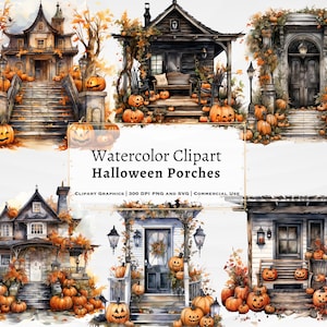 Halloween Porch Watercolor Clipart, 20 high quality SVG and PNG files, Halloween Decor Watercolor, Spooky Clip Art, Printable Graphics