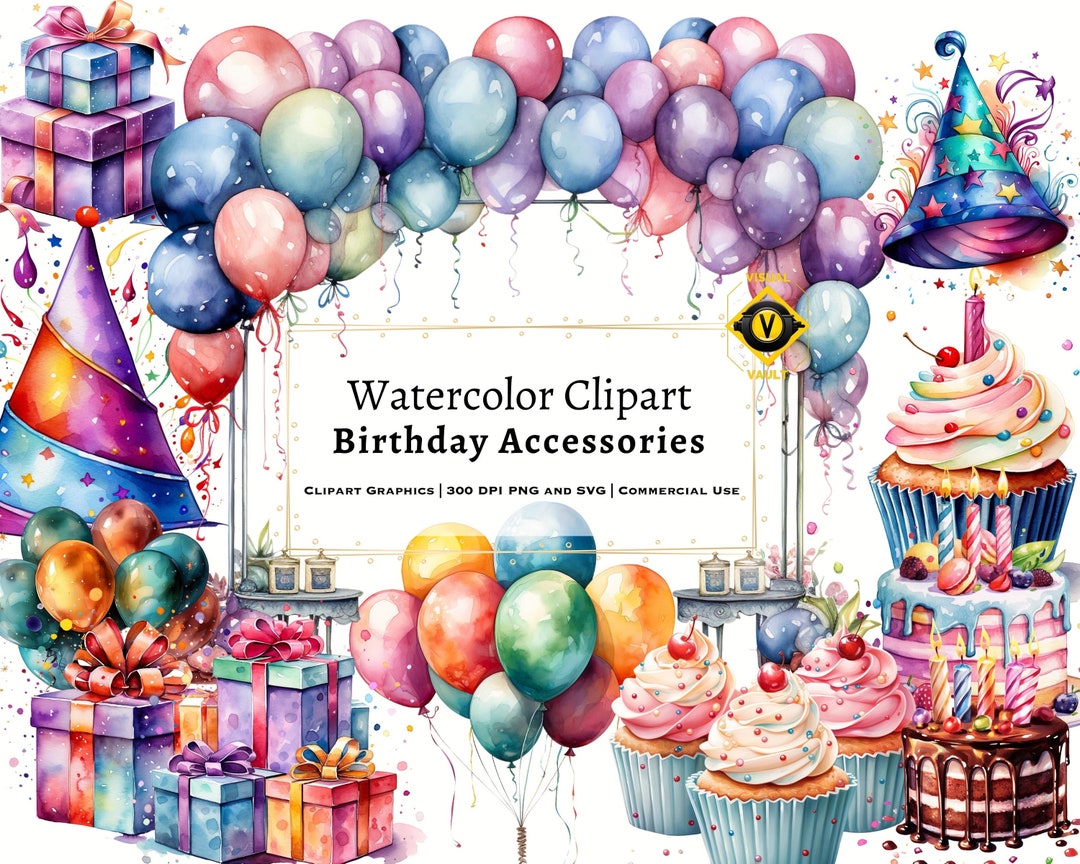 Birthday Accessories Watercolor Clipart, Birthday Things Watercolor ...