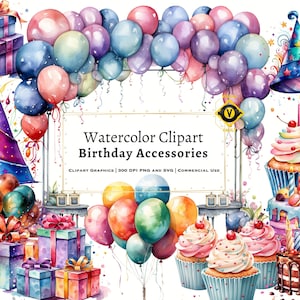 Verjaardag accessoires aquarel clipart, verjaardag dingen aquarel clipart, verjaardagstaart aquarel clipart, verjaardag aquarel clipart