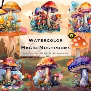 Clipart champignons aquarelle - clipart champignon vénéneux mignon forêt nature format PNG téléchargement immédiat pour un usage commercial