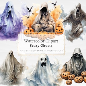 Watercolor Halloween Clipart, Halloween Ghosts clipart png, Watercolor Ghosts clipart, Spooky Halloween decor, Commercial use clipart