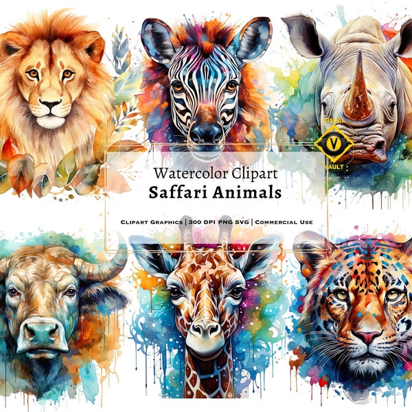 Safari Watercolor Clipart, Safari Clipart Watercolor Animals, Safari Animals Watercolor clipart, Colorful Animals Illustrations, SVG, PNG