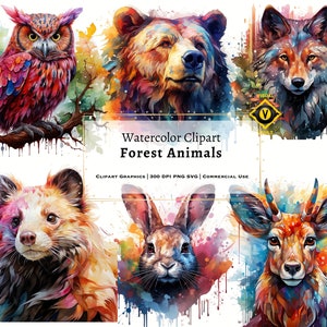 Bosdieren aquarel clipart, bosdieren aquarel portretten, kleurrijke dieren illustraties, levendige dieren portretten, PNG, SVG