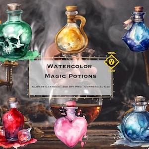 Magic Potions Watercolor Clipart, Magic School Potions Clipart, Wizard School Potions Clipart, Witches Potion Bottles Clipart, PNG Bundle