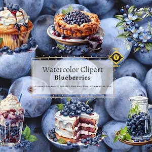 Blueberries Watercolor Clipart, Blueberry Cake Watercolor Clipart, Summer Fruits Watercolor Clipart, Fruits Watercolor Clipart, SVG, PNG