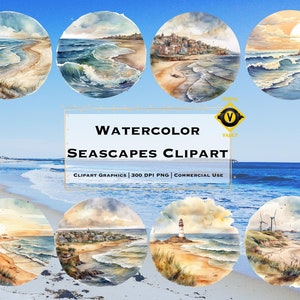 Watercolor Seascape Clipart, Coast View Clipart, Seaside Watercolor Clipart, Lighthouse Watercolor Clipart, Summer Ocean Watercolor Clipart