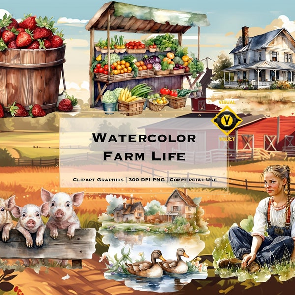 Farm Life Clipart Bundle, Farm Life Watercolor Clipart, Farm Animals Watercolor Clipart, Cute Farm Clipart, Farming Watercolor Clipart