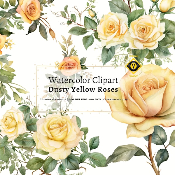 Dusty Yellow Roses Clipart, Watercolor Dusty Yellow Roses Clipart, Elegant Roses Watercolor Clipart, Wedding Roses Watercolor Clipart, SVG