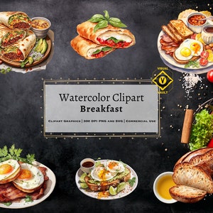 Ontbijt aquarel clipart, ontbijt graphics, ontbijt kleurrijke graphics, ontbijt clipart collectie, PNG, SVG, commercieel gebruik