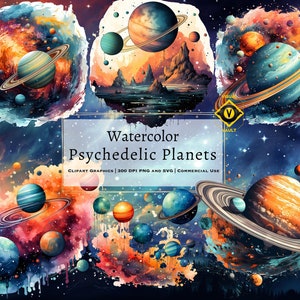 Watercolor Psychedelic Planets, Planets Watercolor Clipart, Space Watercolor Clipart, Colorful Space Graphics, Watercolor Clipart Pack, SVGs