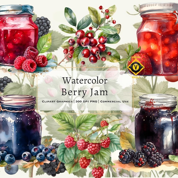 15 Berry Jam Watercolor Clipart, Strawberries Watercolor Clipart, Berries Colorful Graphics, Raspberry Watercolor Clipart, Commercial Use