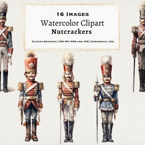 16 Clipart de quebra-nozes de Natal, soldado quebra-nozes de alta qualidade PNG JPG para artesanato digital, pacote de clipart de Natal vintage em aquarela