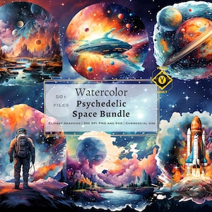 Watercolor Psychedelic Space Bundle, Space Graphics, Space Watercolor Clipart, Colorful Space Graphics, Watercolor Clipart Pack, PNG SVG