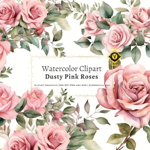 Dusty Pink Roses Clipart, Watercolor Dusty Pink Roses Clipart, Elegant Roses Watercolor Clipart, Wedding Roses Watercolor Clipart, PNG, SVG