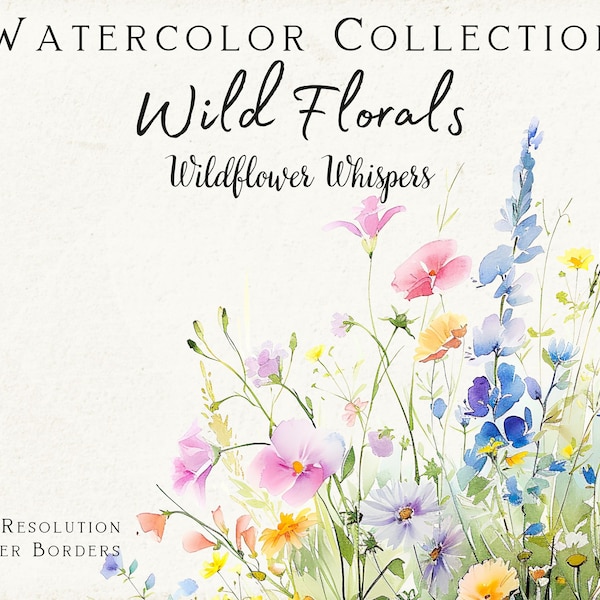 Whispering Meadows Wild Florals Watercolor Collection, Botanical Border Clipart, High-Resolution Flower Graphics, Digital Wildflower PNG