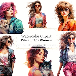 Colorful Women Clipart, Vintage Ladies Clipart, Vibrant Women Watercolor Clipart, 80s Clipart,  Ladies Watercolor Clipart, PNG, SVG