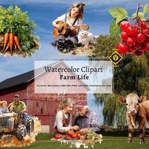 Farm Life Clipart Bundle, Farm Life Watercolor Clipart, Farm Animals Watercolor Clipart, Cute Farm Clipart, Farming Watercolor Clipart