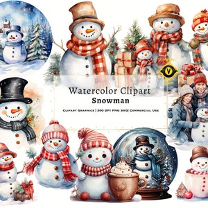 Cute Christmas Watercolor Snowman Clipart, High Quality Printable Snowman PNG SVG Clipart for Christmas Postcard and Crafting