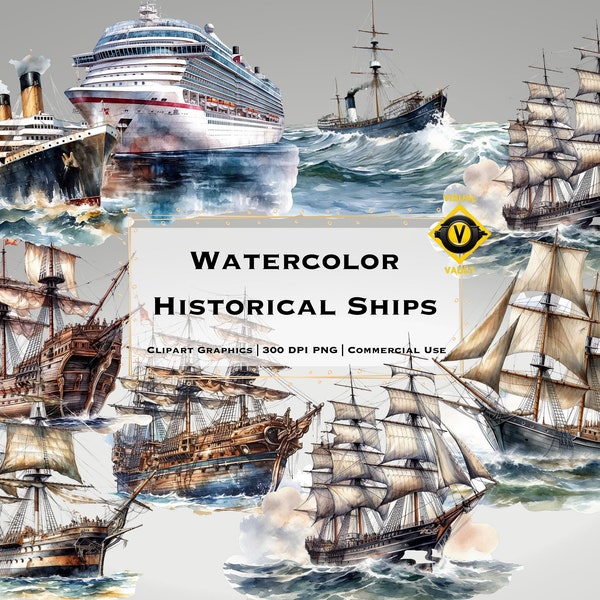 10 Images Historical Watercolor Ships Clipart, Retro Ships PNG and Sailing Boats Clipart Bundle, Nautical Illustrations for Digital Craft