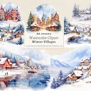 Winter Village Christmas Clipart Bundle 23 Images, Winter Wonderland Clipart with Cottages Houses and Castles, Winter Scene PNG SVG Set