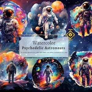 Astronauti psichedelici dell'acquerello, Clipart degli astronauti, Clipart dell'acquerello spaziale, Grafica spaziale colorata, Pacchetto di clipart dell'acquerello, PNG SVG