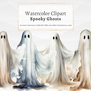 Watercolor Halloween Clipart, Halloween Ghosts clipart png,  Watercolor Ghosts clipart, Spooky Halloween decor, Commercial use clipart