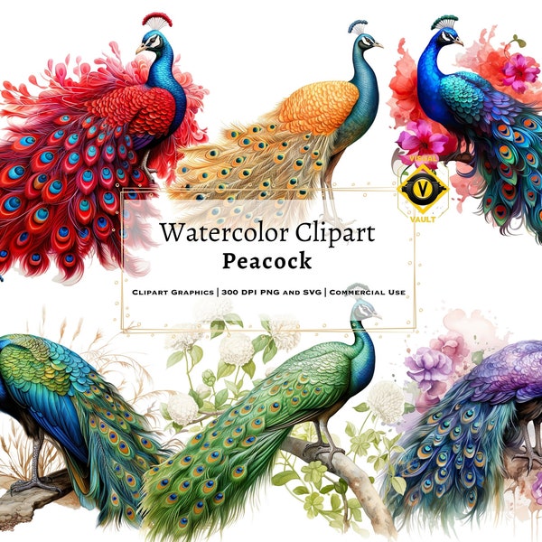 20 Watercolor Peacocks Clipart, High Quality Transparent PNGs, Instant Download, Commercial Use - Blue Bird, Bird png Bundle, Printable art