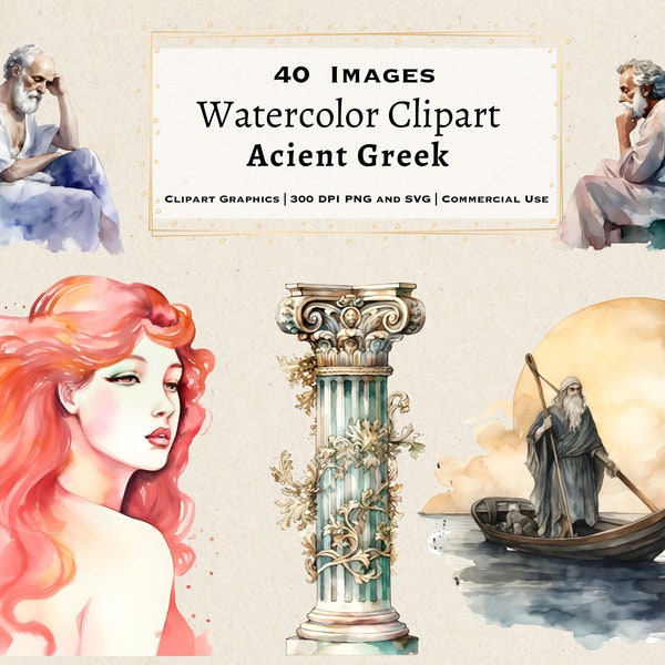 Watercolor Ancient Greece Clipart Bundle, 40 Images Hellenistic PNG Greek Mythology Antique Clipart, Greek Aesthetic Culture Illustrations