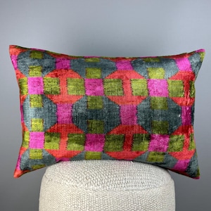 Colorful Velvet  Ikat Pillow | Pink and Green Pillow