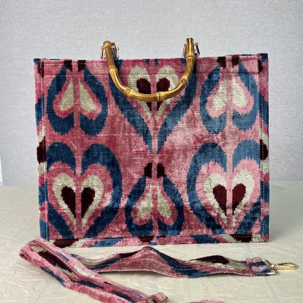 Strap velvet ikat bag , ikat tote bag , velvet bag , velvet silk bag , capsule wardrobe