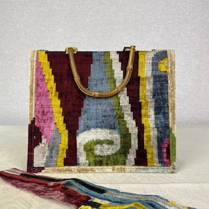 Strap velvet ikat bag , ikat tote bag , velvet bag , velvet silk bag , capsule wardrobe