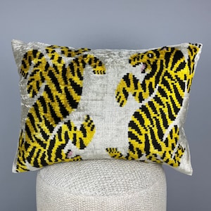 Tigers Velvet Ikat Cushion: Handloomed Silk Pillow (16x24)
