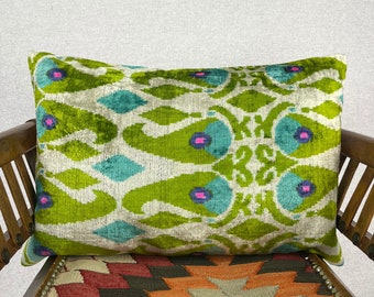 Green Ikat Cushion | Ikat Cushion | Pillow Cover | Velvet Pillow | Ikat Pillow | Velvet Ikat Cushion