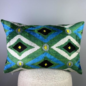 Green Velvet Cushion | Velvet Ikat Pillow | Mixed Pillow Cover